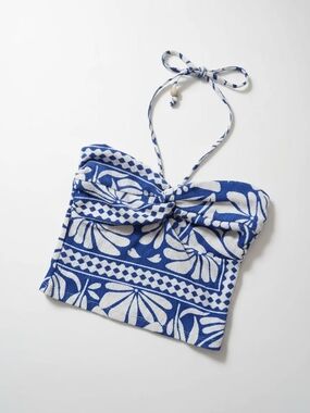 H&M Blue and White Patterned Strapless Crop Top